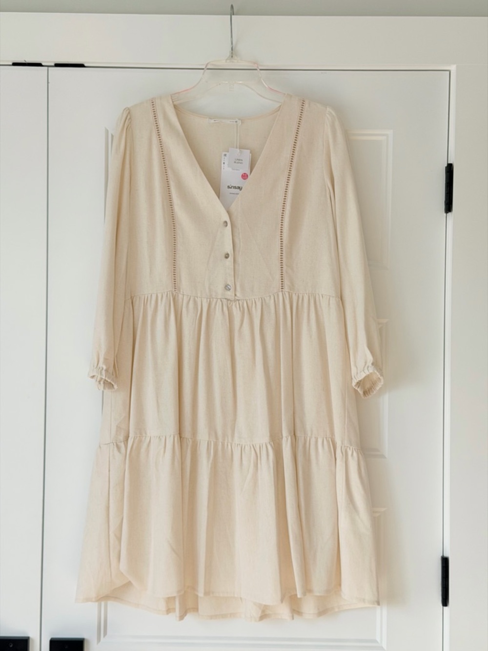 Flowy Cream Long Sleeve Tiered Dress with V-Neck